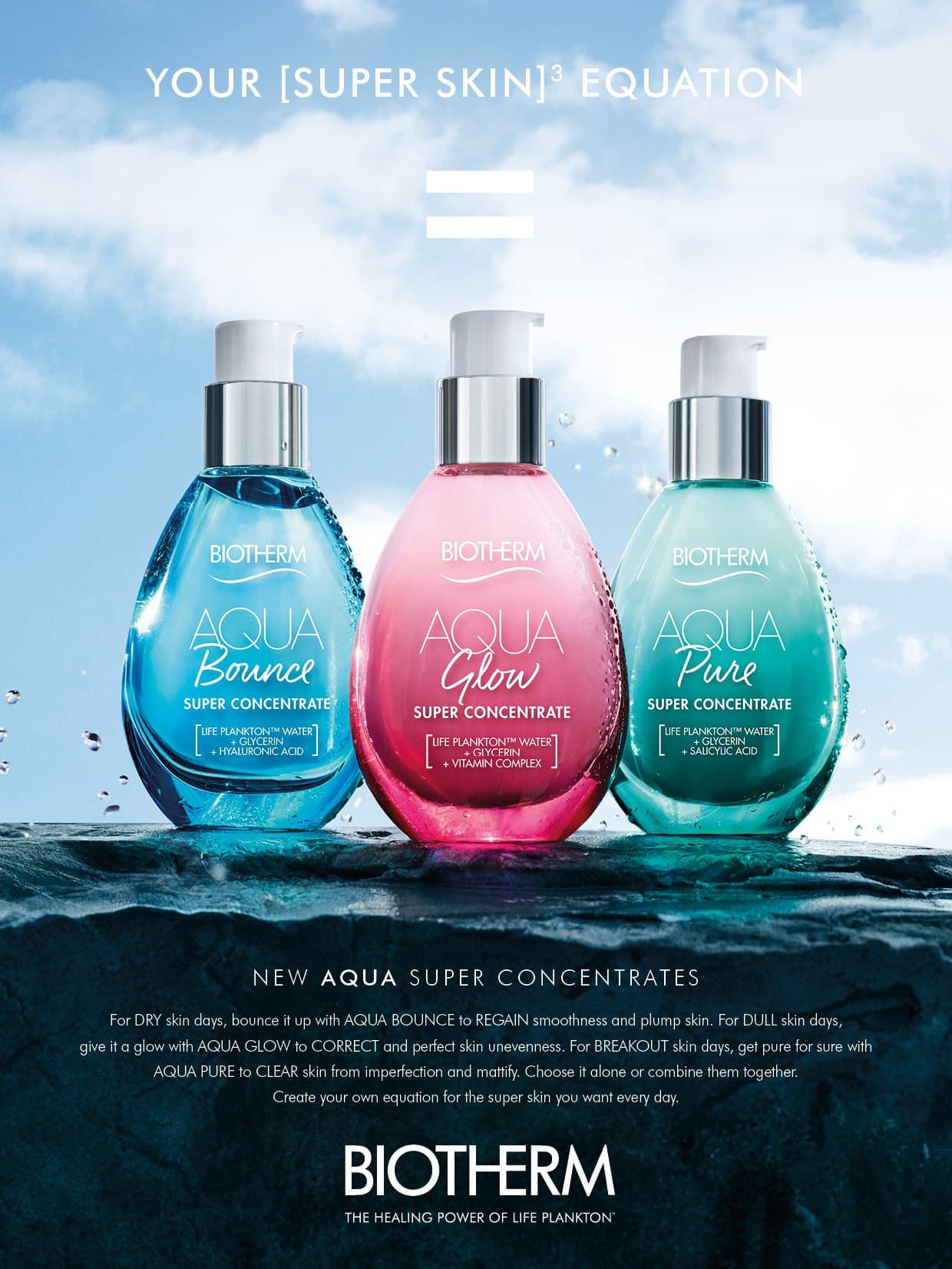 Print Your Super Skin Equation, les trois flacons Aqua