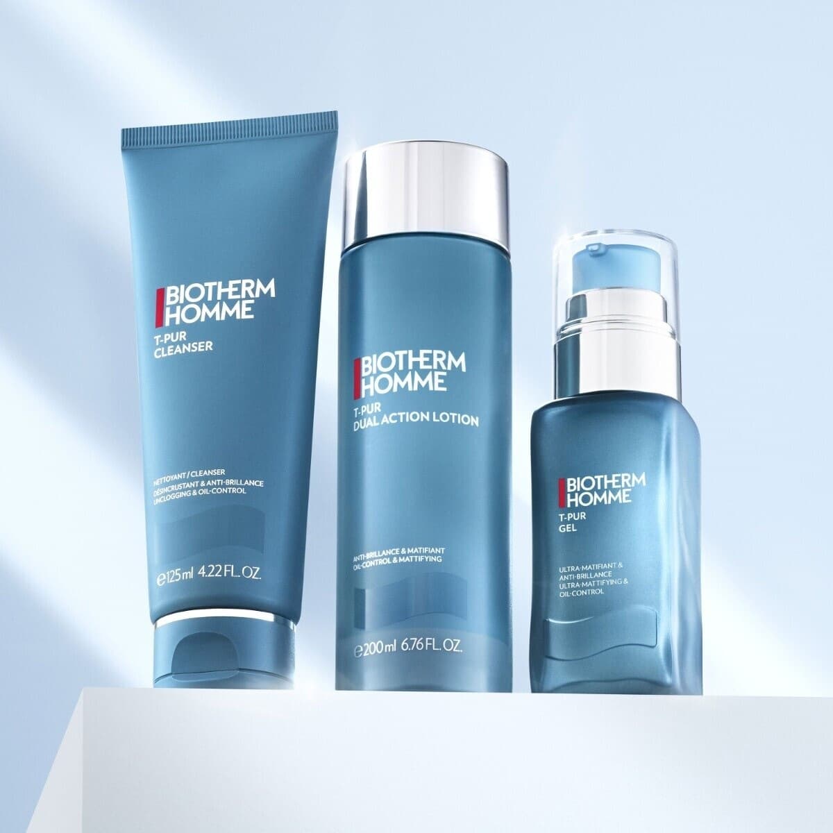 La gamme T-Pur Biotherm Homme : nettoyant, lotion et soin