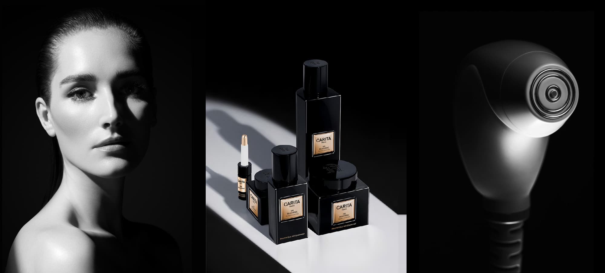 Triptyque Carita : visage en clair-obscur, gamme noire, appareil de soin