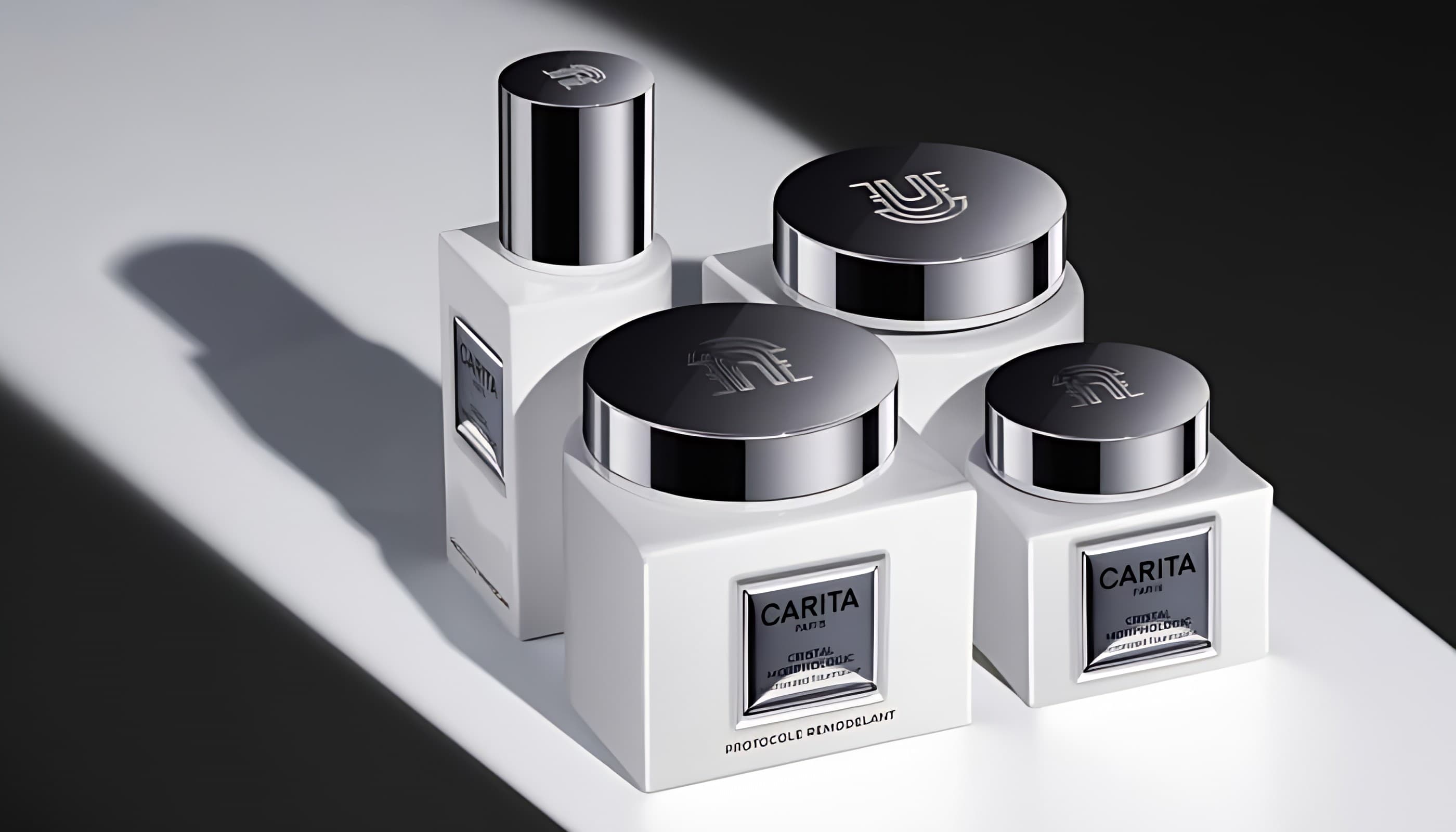 Gamme blanche Carita, quatre pots et flacons aux couvercles chromés
