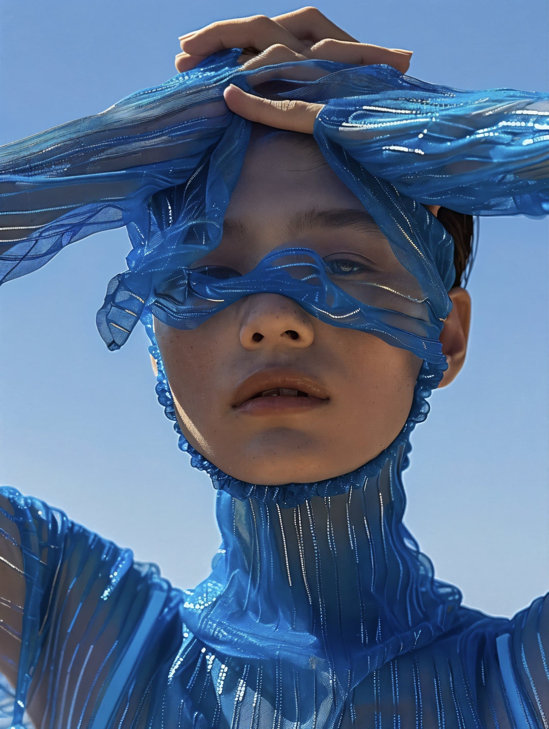 Coiffe sculpturale bleue