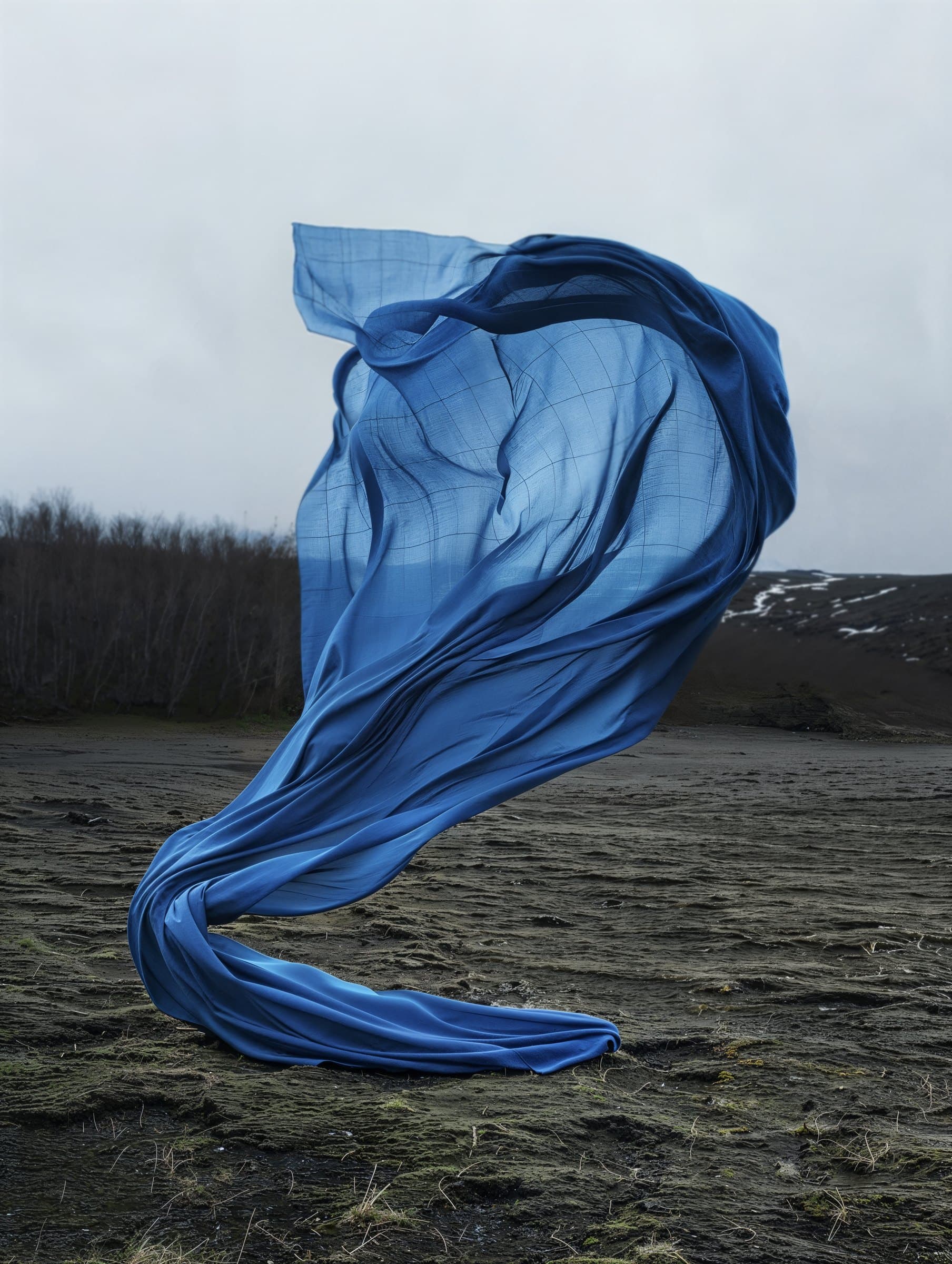 Sculpture de tissu bleu au-dessus d'un paysage