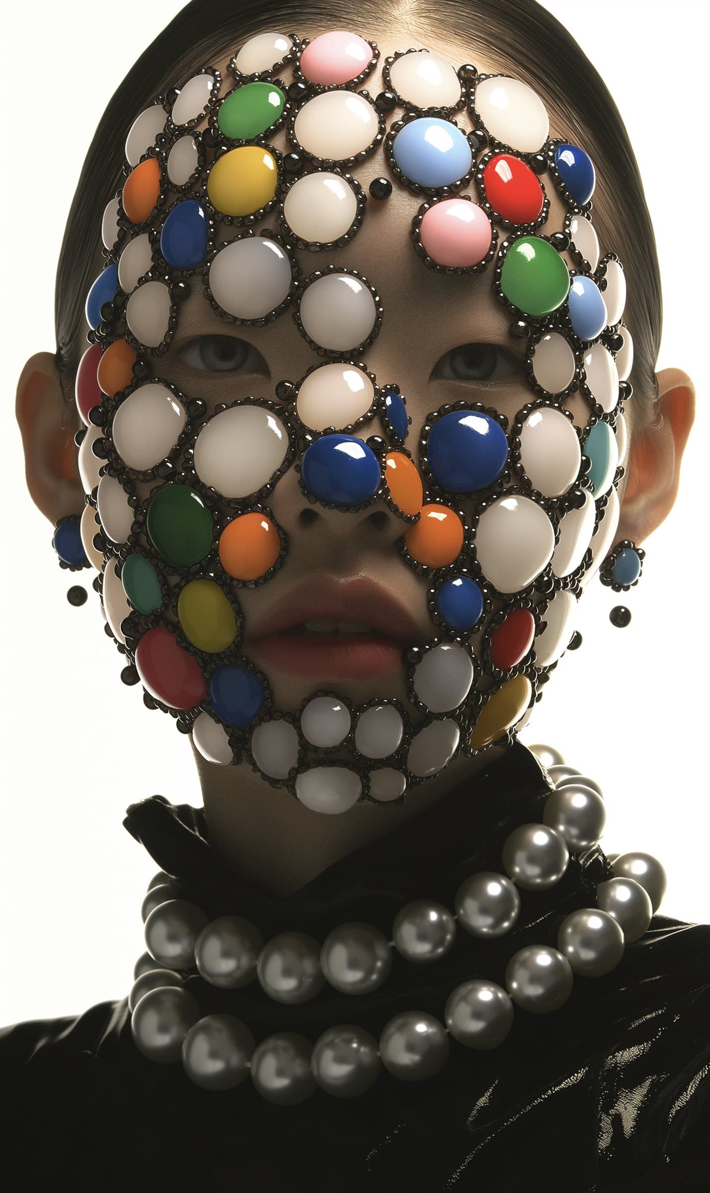 Visage couvert de perles multicolores
