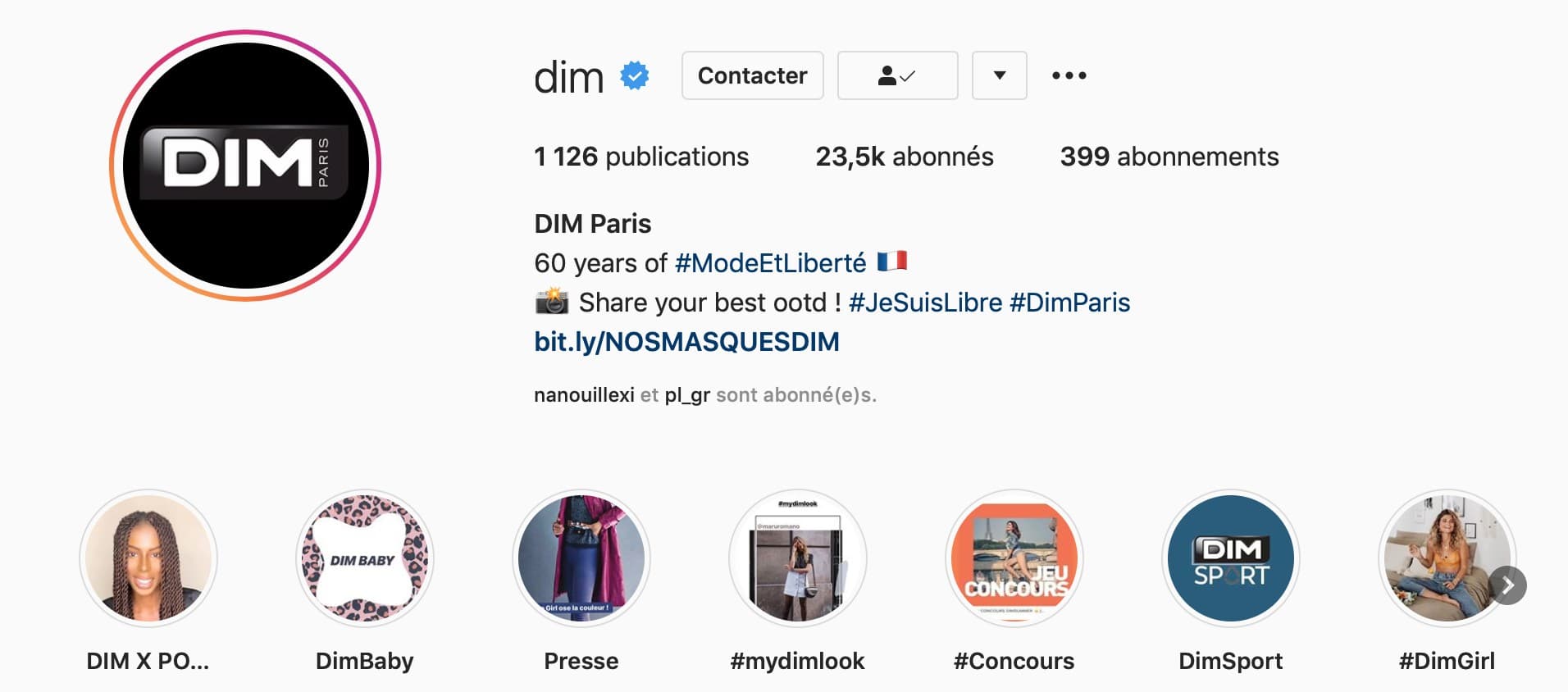 Profil Instagram de DIM Paris et ses stories à la une