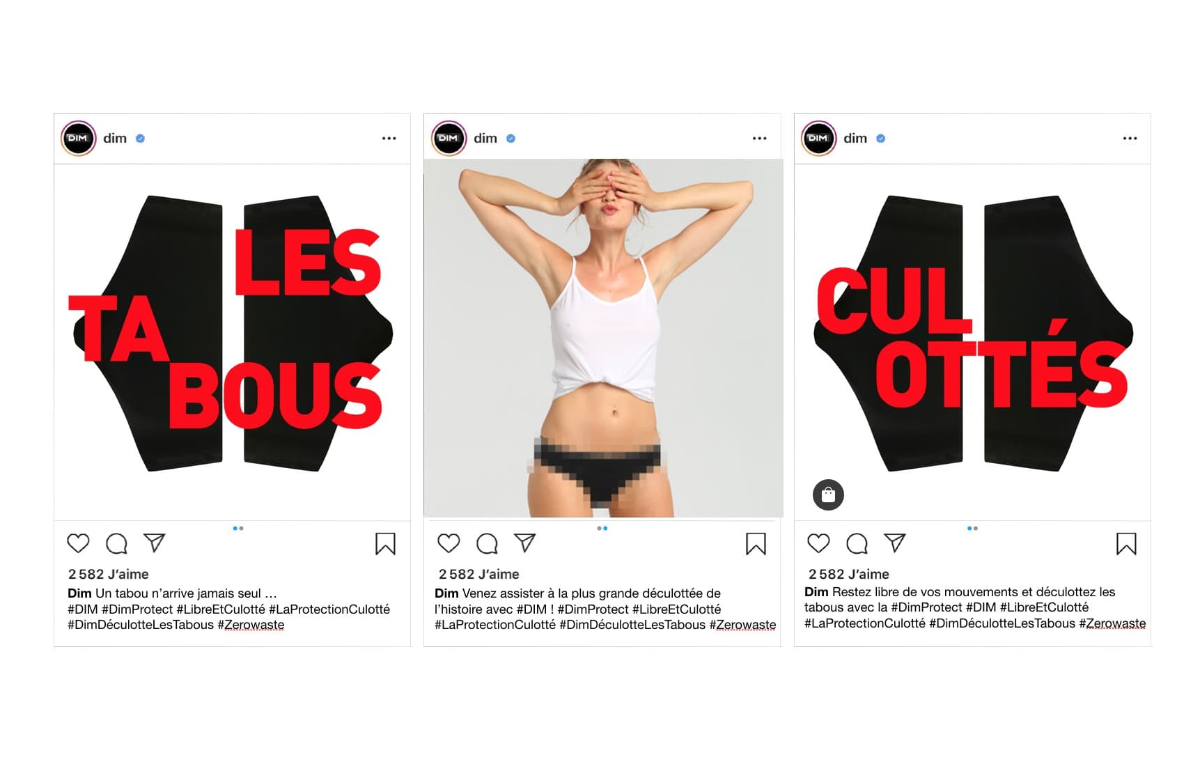 Posts Instagram DIM Protect : Les tabous, la jeune femme aux yeux cachés, Culottés