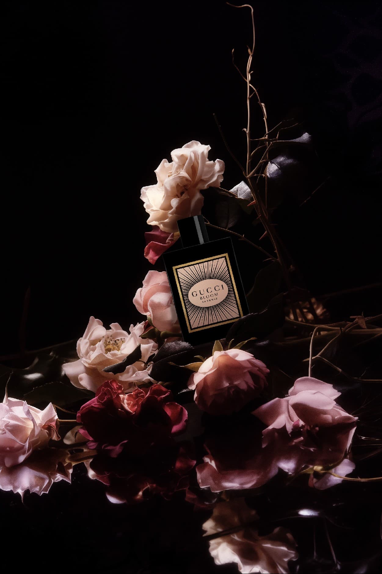 Flacon Gucci Bloom et roses, gros plan