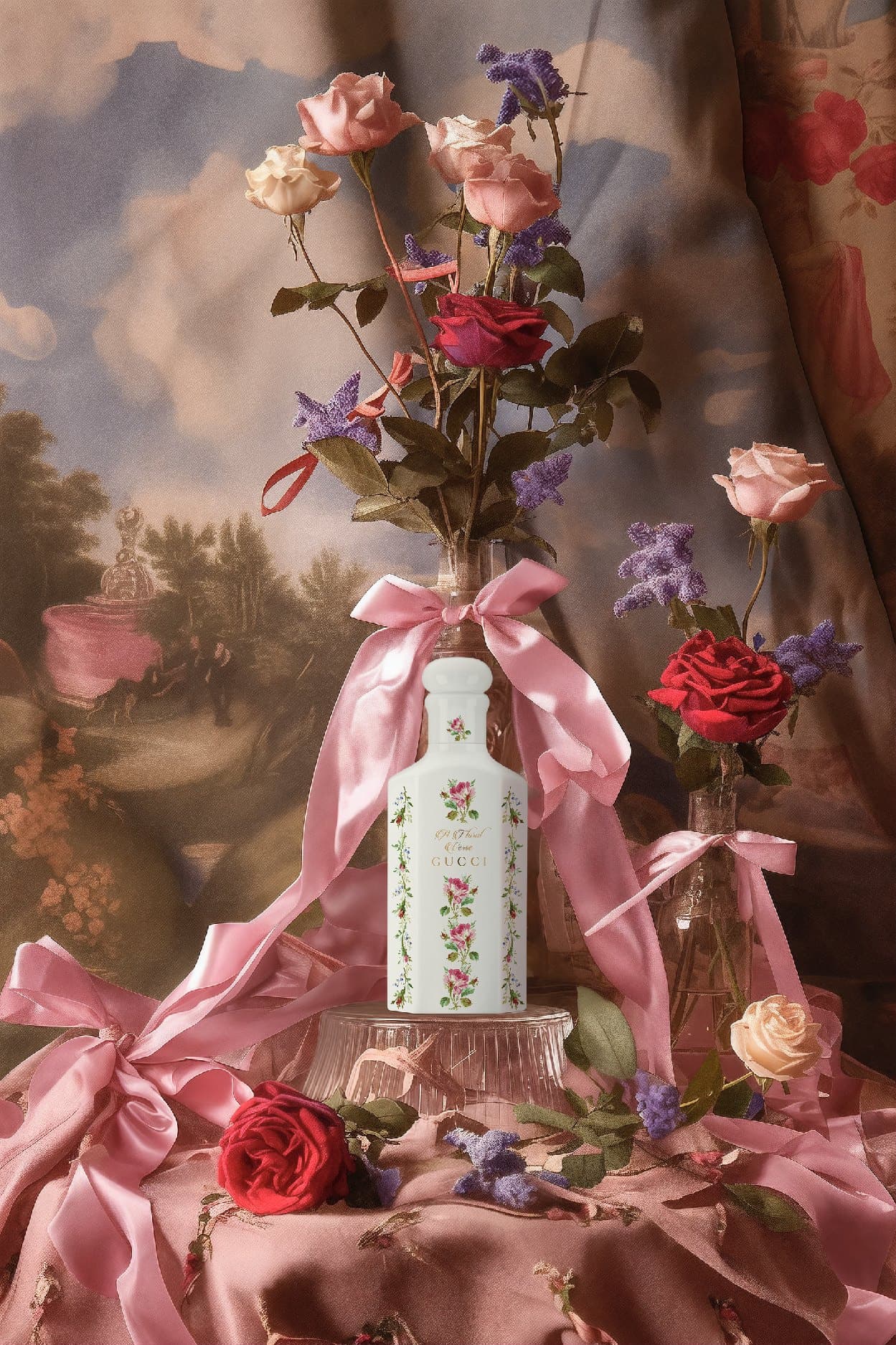 Flacon Gucci A Floral Verse, bouquet et rubans roses, décor rococo