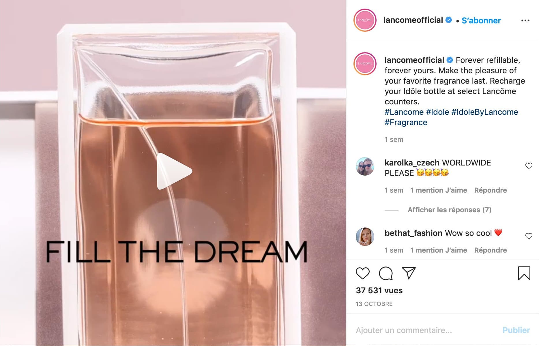 Post Instagram Fill the dream, Idôle rechargeable