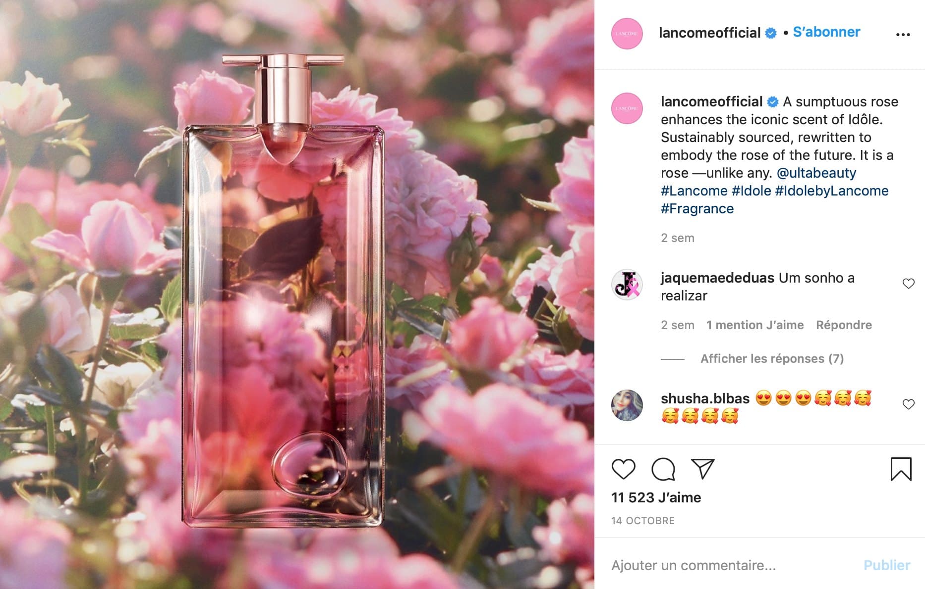 Post Instagram Idôle, Lancôme