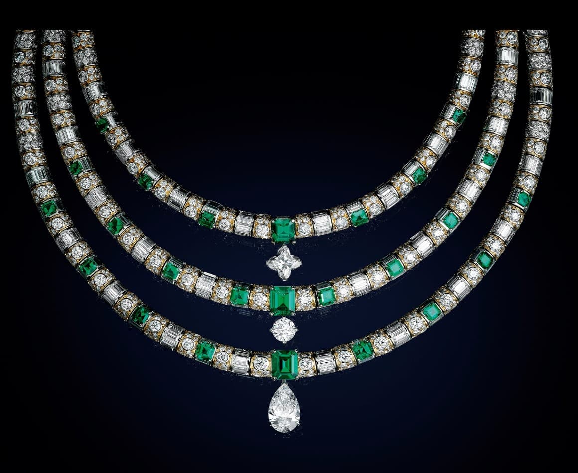 Collier L'Aventure : trois rangs d'émeraudes de Colombie et de diamants