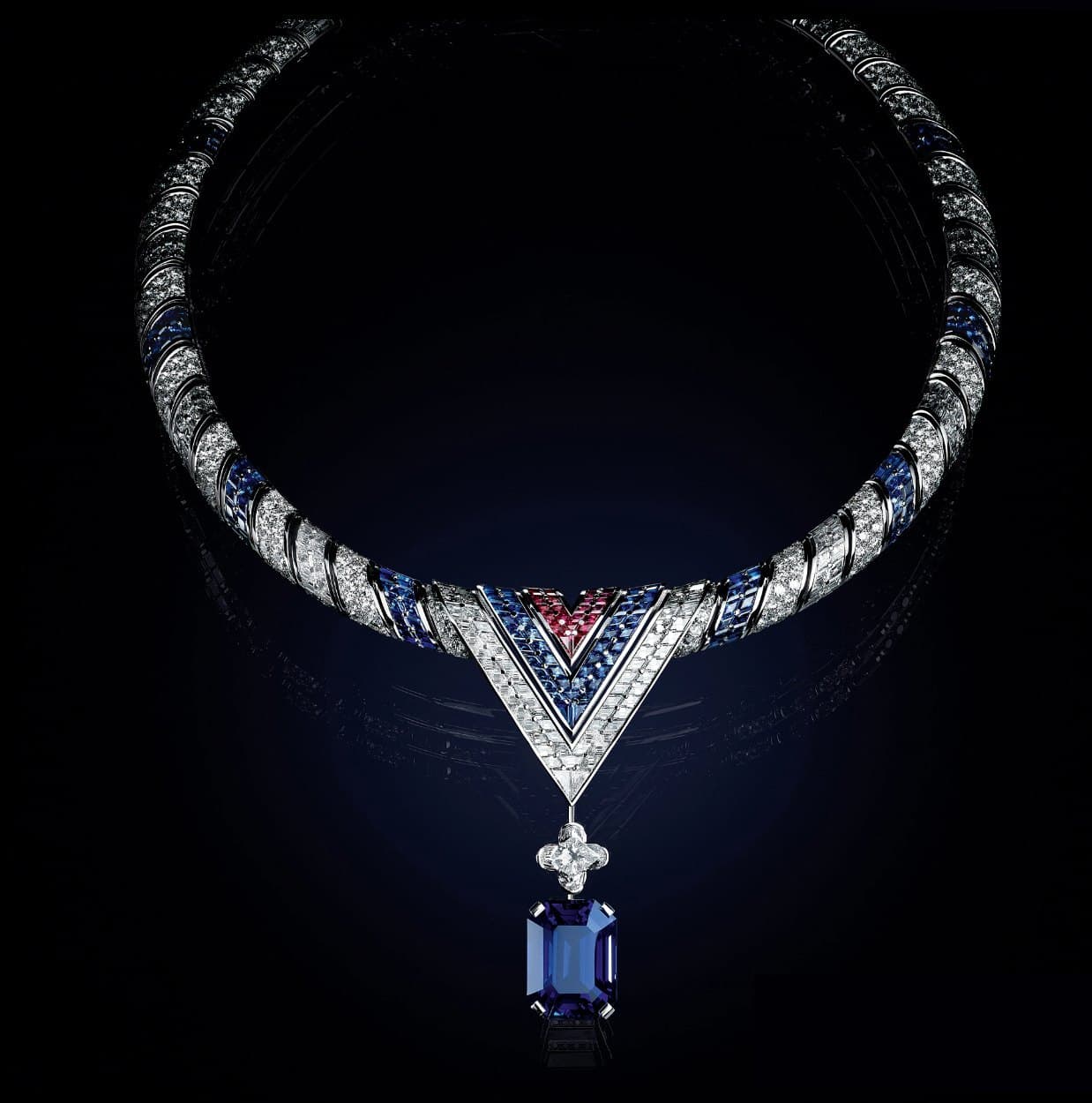 Collier The Arrow, V central de rubis, de saphirs et de diamants