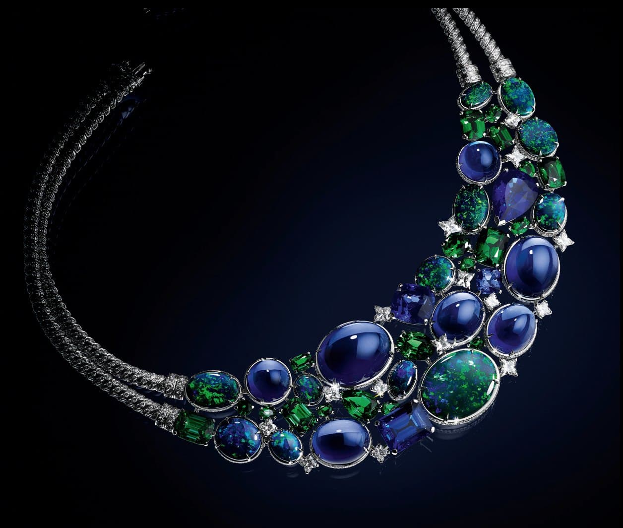 Collier La Constellation d'Hercule : tanzanites, opales et tsavorites