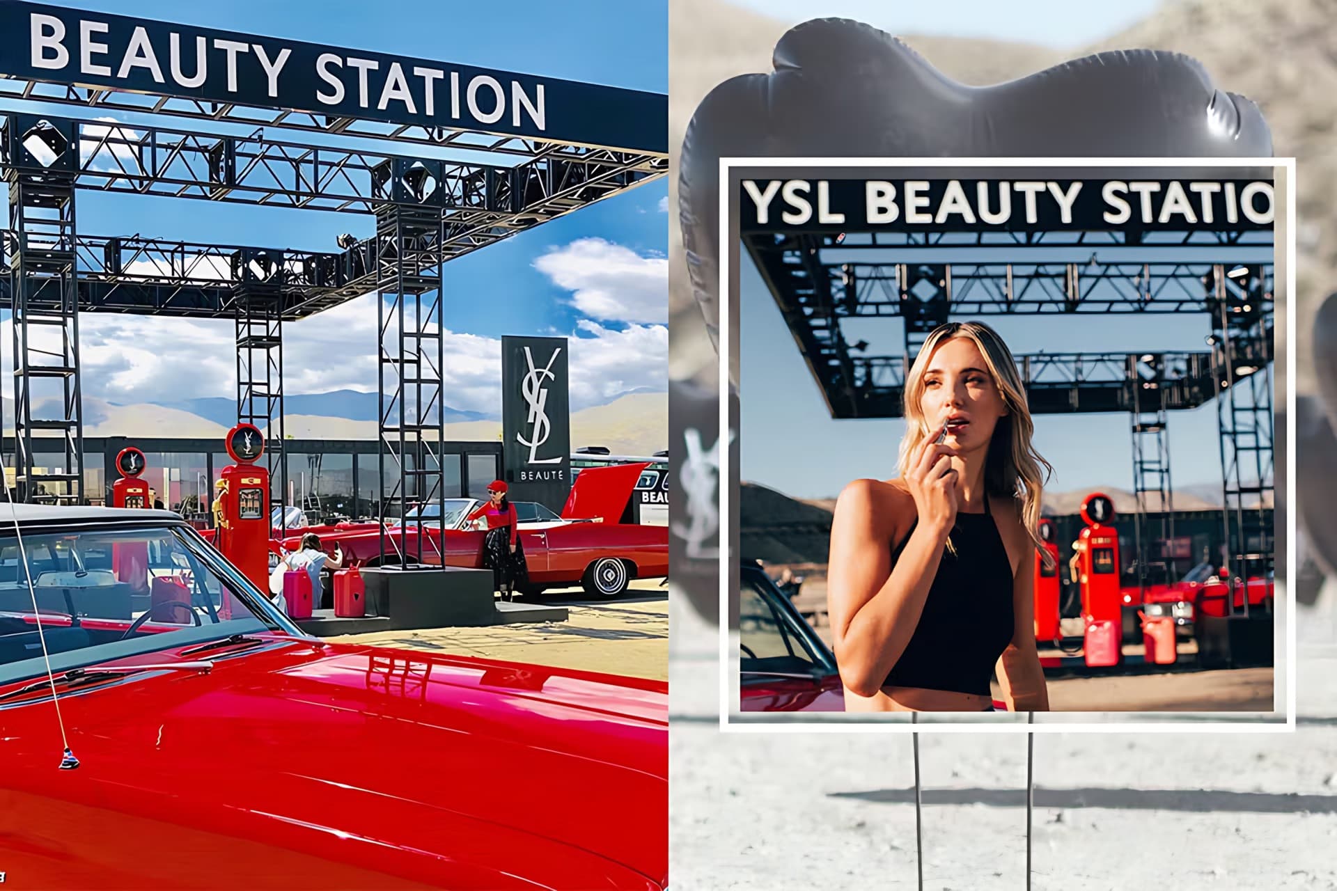 Une invitée se maquille devant la YSL Beauty Station, en photo encadrée
