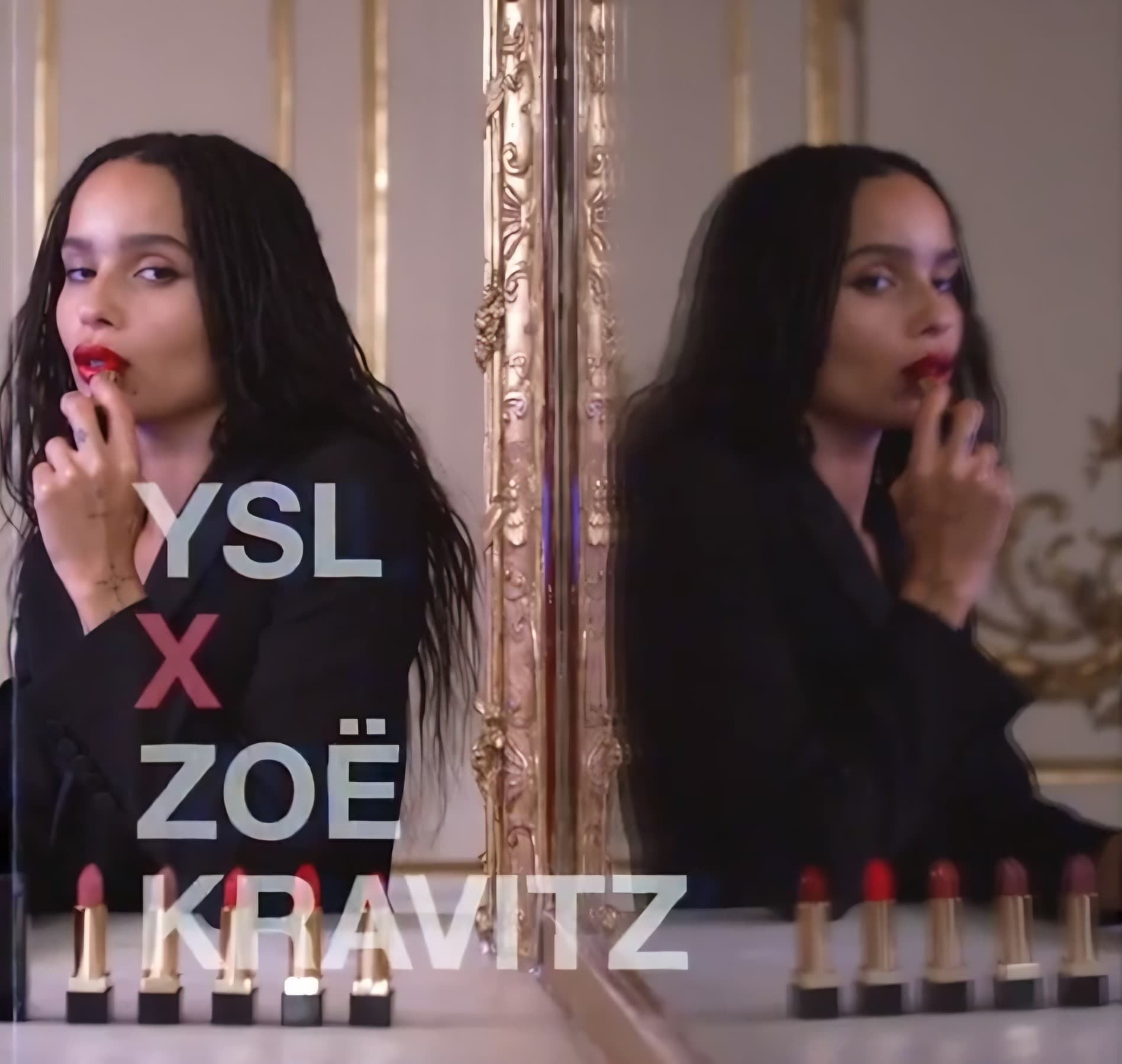 Zoë Kravitz applique un Rouge Pur Couture devant un miroir doré, YSL × Zoë Kravitz
